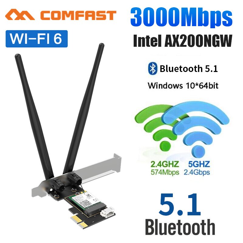 3000Mbps WiFi 6 PCI-E Network Card 802.11ax/ac Dual band 2.4G/5GHz Wireless Intel AX 200 PCI Express WiFi Bluetooth5.1 Adapter