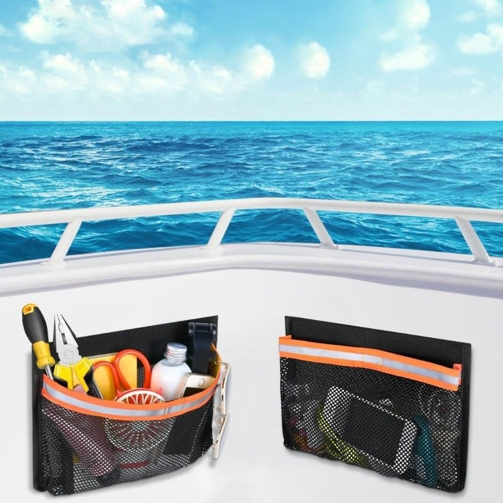 Portable mesh bag for boat storage with reflective stripes, removable marine organizer, versatile use, easy to install