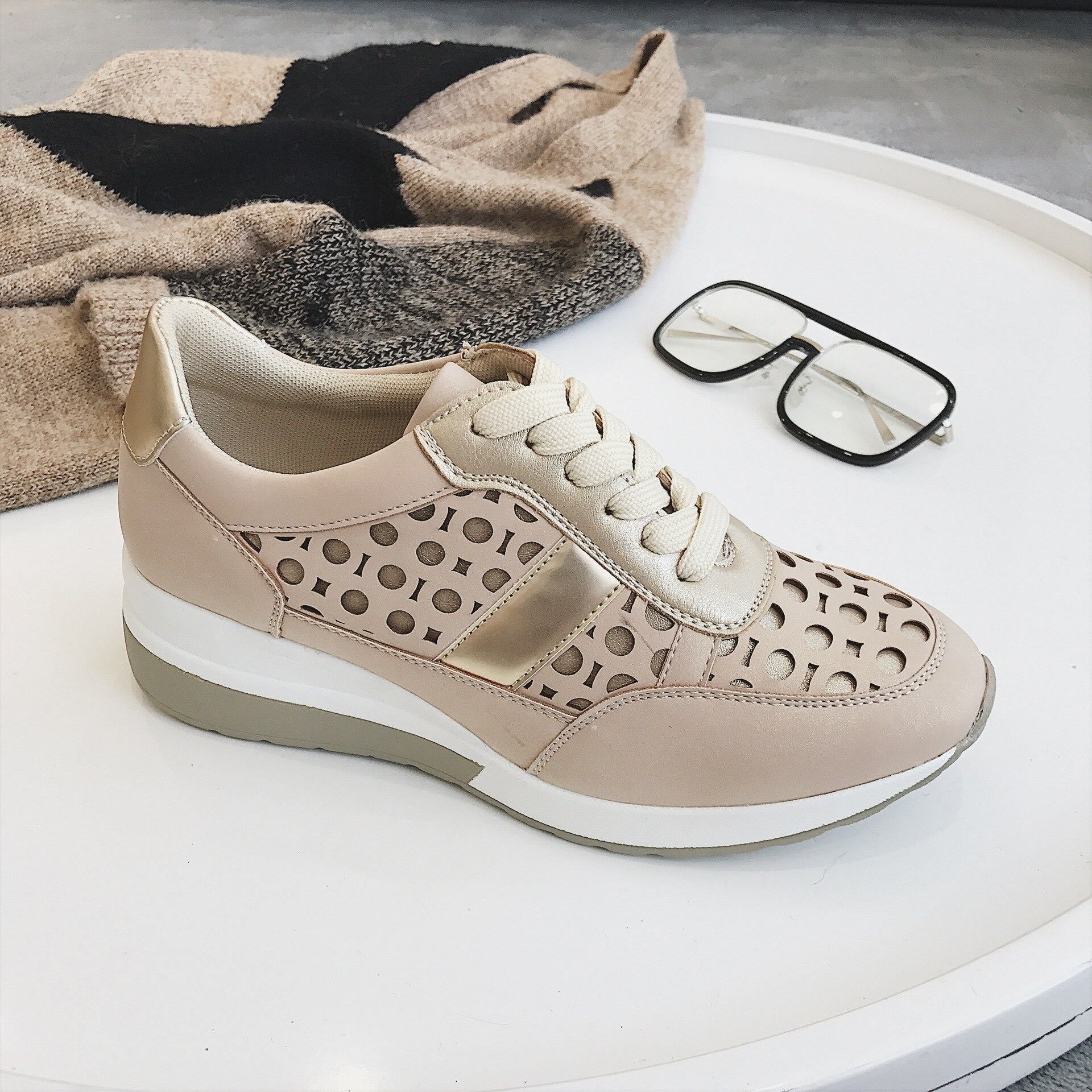 Fujin schoenen dames lente herfst dikke onderkant mesh ronde neus toenemende ademende casual dames sneakers