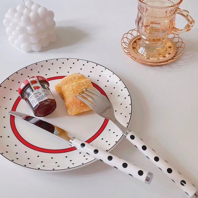 LadyCC Korean Retro Plate Ceramic Red Edge Ceramic Plate Dessert Plate Cake Plate Salad Plate Breakfast Plate