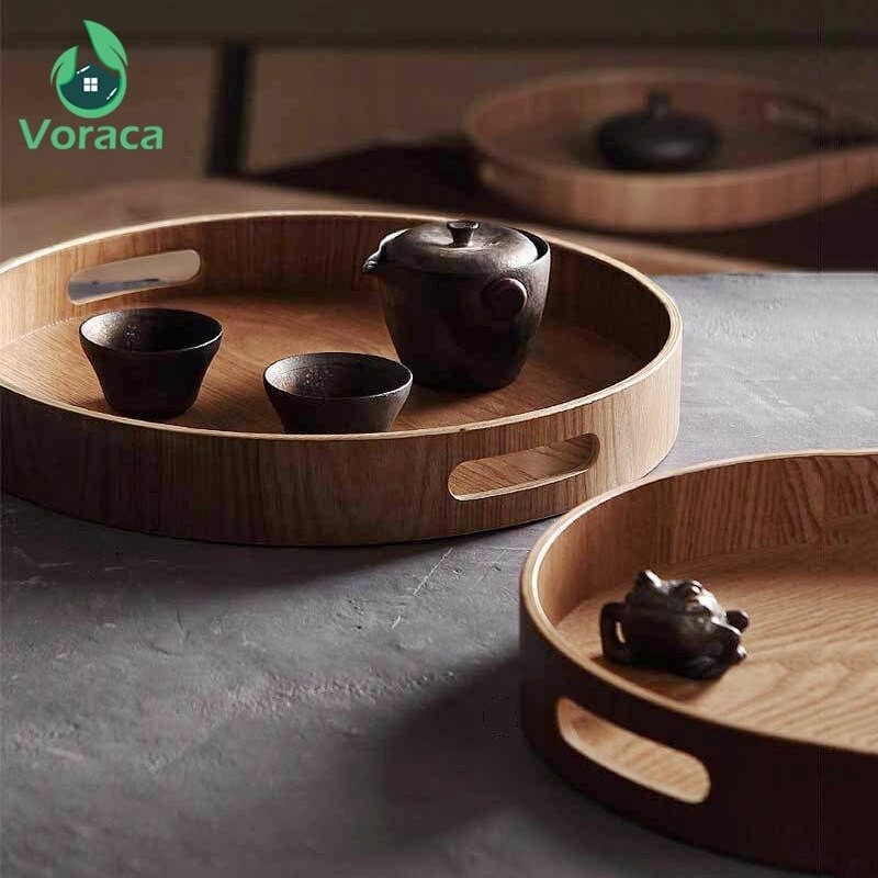 Huishoudelijke ronde houten serveerschaal, massief houten voedselschaal, bord, hapjesschaal, beker, schaal, fruitschaal, diner, taart, dessertschalen, thee