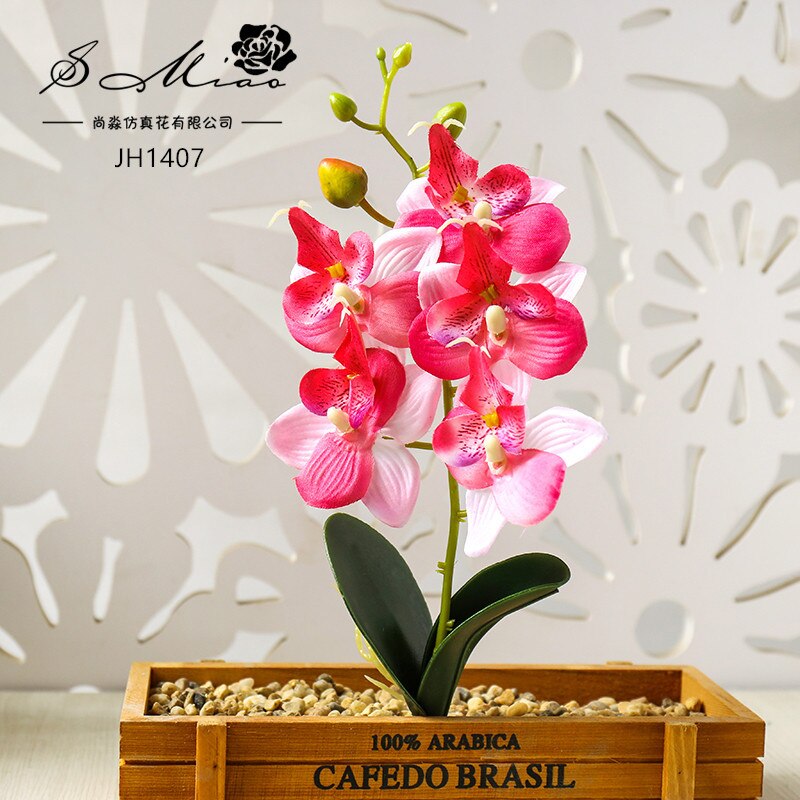 Fleurs d'orchidées papillons artificielles, 3/4/5 têtes, pour décorer la maison et le jardin, ornement de chambre à coucher de bureau, Table de bureau, bonsaï: 5Heads Rose Red