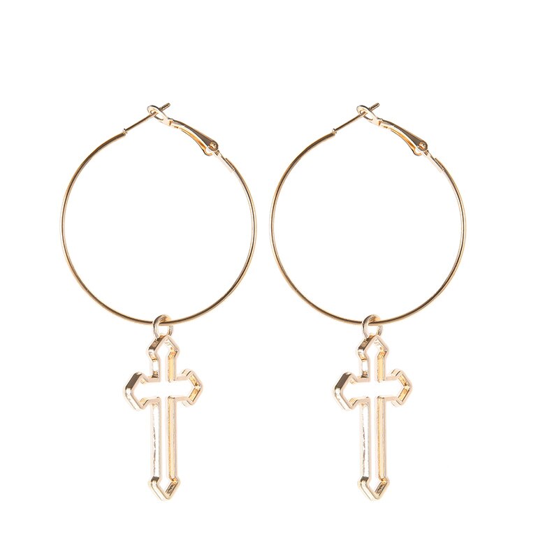 Pendientes colgantes con Cruz hueca para mujer, aretes de Color plateado, círculo redondo, pendientes de gota, joyería