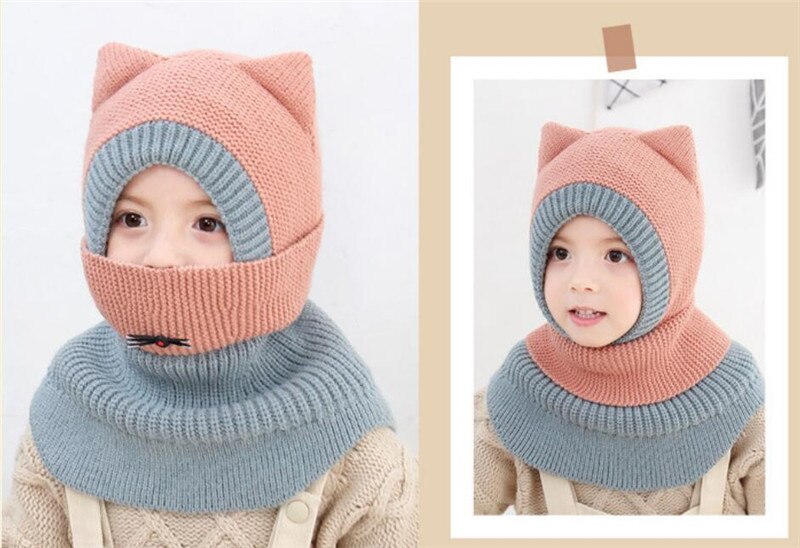 Knit Hooded Scarf Kids Hat And Scarf Child With Mask Winter Warm Protection Ear Cap Circulal Scarves Girls Boy Accessories