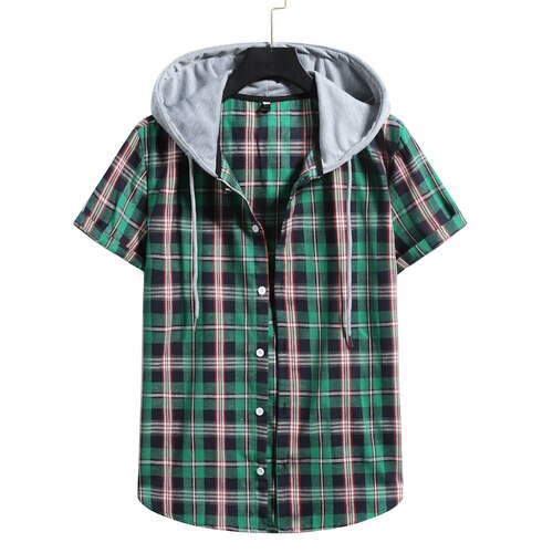 Hooded Checked Short-sleeved Shirts for Men and Women: Green / XXL