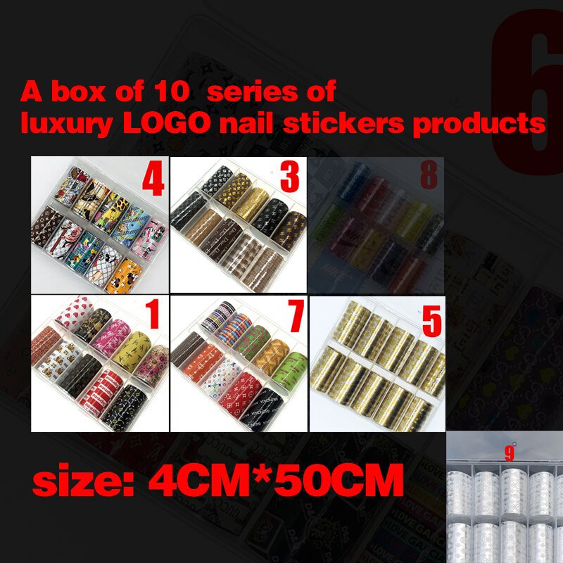 4Cm * 50Cm 10 Stijlen 1 Tas Luxe Logo Nail Roll Nail Nail Tin Foil Nail decoratie Accessoires