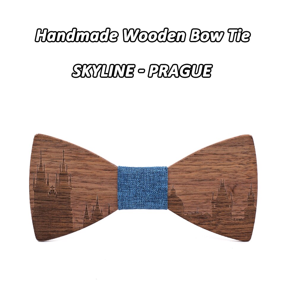 Mahoosive-pajaritas de madera hechas a mano para hombre, conjunto de corbatas de madera, corbata de mariposa, corbatas Skyline para hombre, gemelos, pañuelo, novedad: PRAGUE