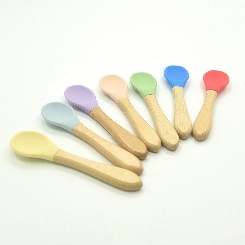 2PCS Baby Bamboo Training Spoons Organic Soft Baby Feeding Silicone Tip Spoon Scoop Easy Grip Handle Toddlers Infant