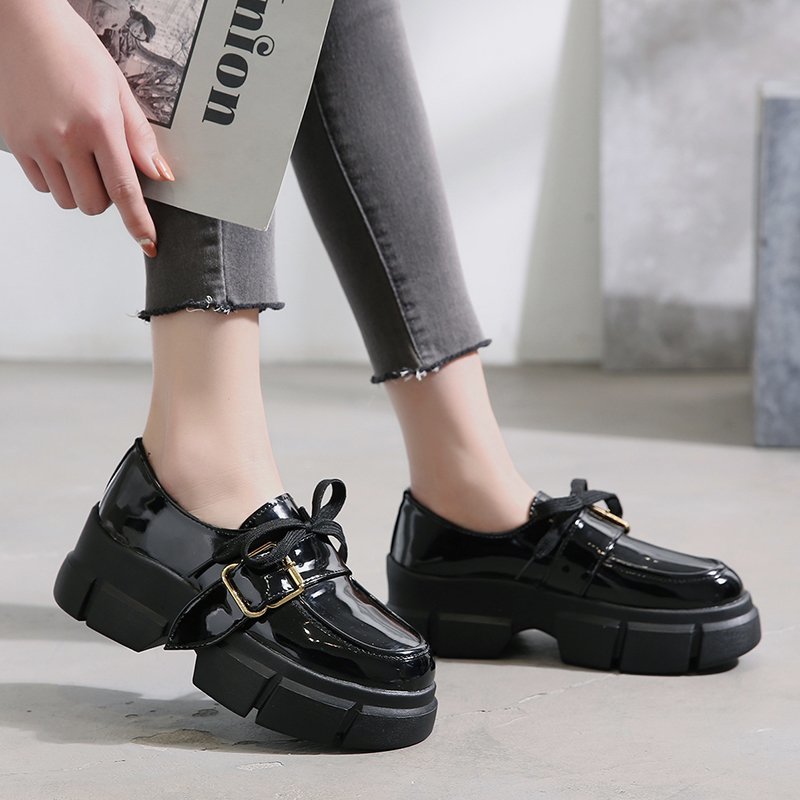 Zapatos planos de mujer con hebilla metálica de charol negro de Rimocy, suela gruesa de punta redonda, zapatos Oxford para mujer, zapatos planos informales de otoño