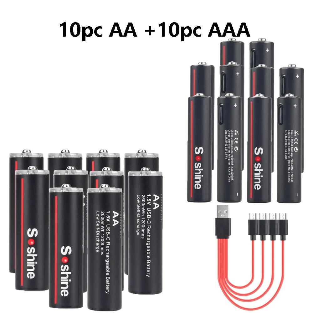 Soshine USB Lithium-Ionen 600 mWh 1,5 V AAA-Akkus + 2600 mWh 1,5 V AA-Akku Li-Ionen AA- und AAA-Akkus: Blau