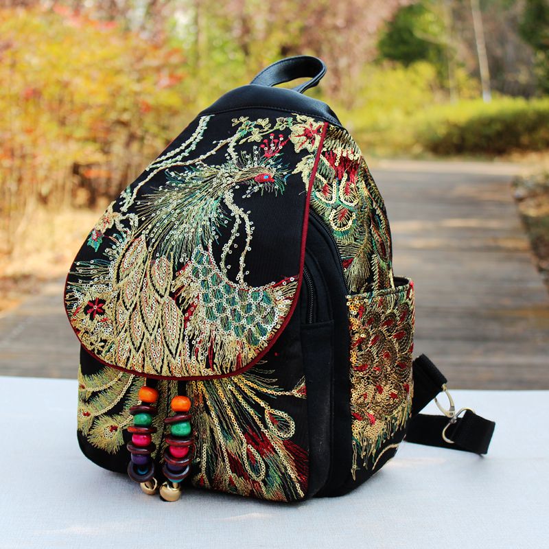 Retro phoenix brodert ryggsekk paljetter lerret tribal etnisk brodert blomster ryggsekk nasjonale kvinner ryggsekk bag