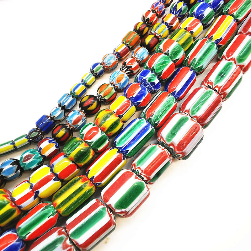 TSB0199 Nepal Hand Colorful Striped Lampwork Beads Strand Antiqued Trade Glass Bead