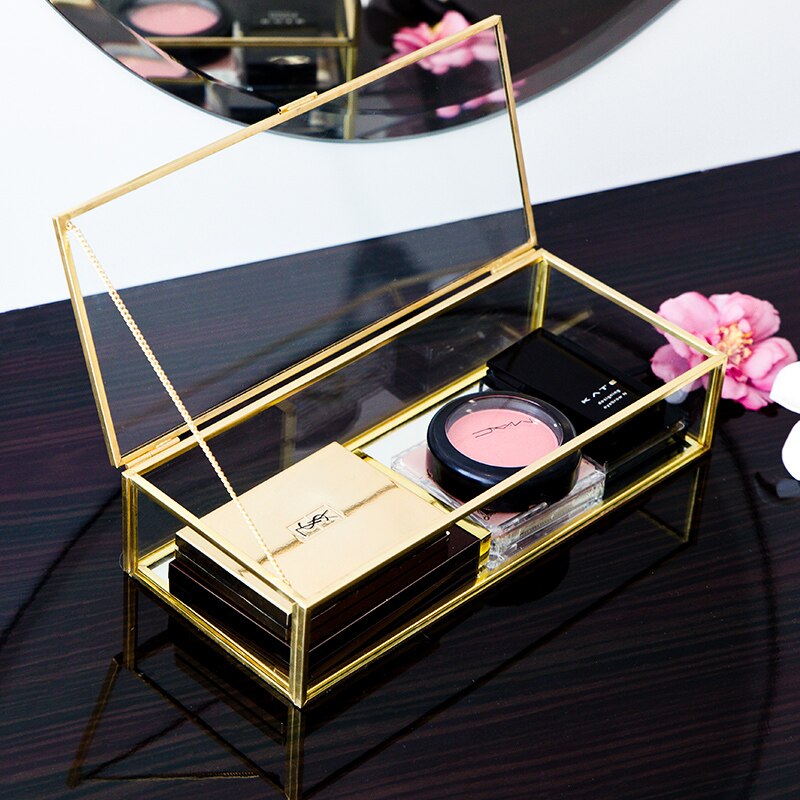 Gyldent glas smykkeskrin makeup kosmetisk arrangør ur læbestift display stand smykker øreringe opbevaring tilbehør æske