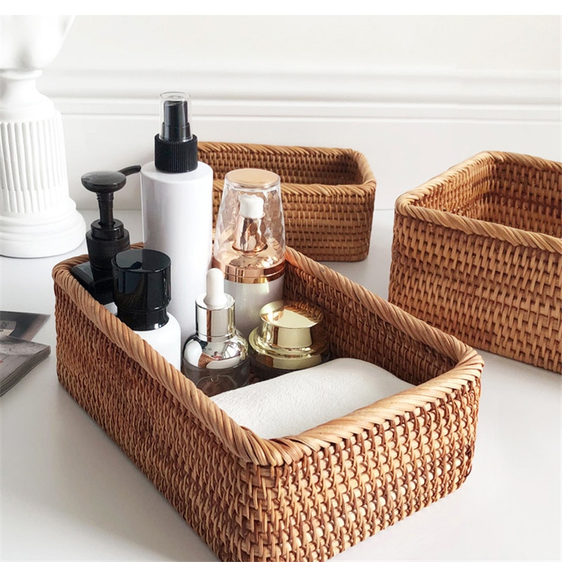 Hand Woven Storage Basket Rattan Wicker Rectangular Basket Kitchen Living Room Storage Organizer Fruit Snack Storage Box