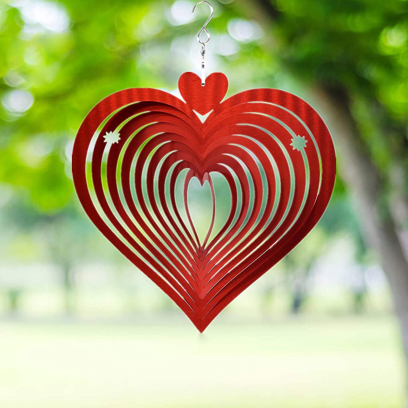 Stainless Steel Wind Spinner 3D Silent Rotating Heart-Shaped Wind Chime Indoor Window Hanging Ornament Outdoor Garden Decoration