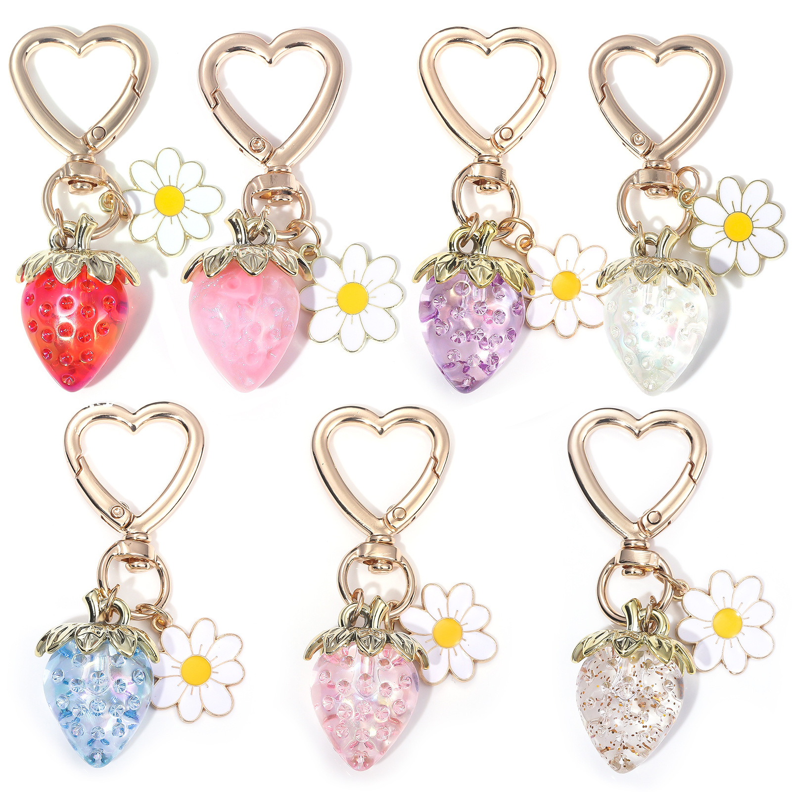 Cute Strawberry Bag Pendant Keychain Kawaii Heart Flower Daisy Key Chain for Women Girs Bag Purse Pendant Accessories