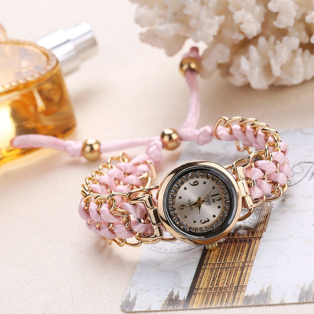 Women Knitting Rope Chain Winding Analog Quartz Movement Wrist Watch Compact Round Woven Wrist Clock Zegarek Damski: Pink