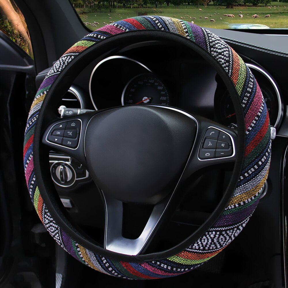 Etnisk stil diameter 37-39cm bilrattedæksler ratafdækning linned universel elastisk biltilbehør til kvinder: Farverig hamp