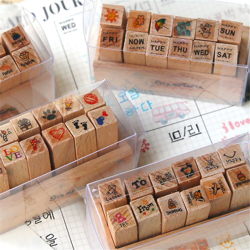 12pcs/set Date Weather Stamps Korean Stationery DIY Wooden Rubber Stamp for Planner Notebook Scrapbooking Journal Supplies