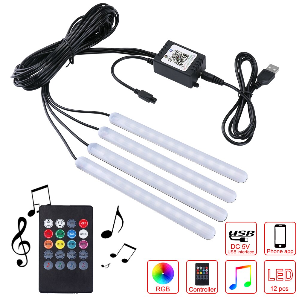 Usb-ljus bil interiör ljus led strip ljus flerfärgad musik sensor justerbar bil fotvägg ljus med telefon app styrning: 5v för app