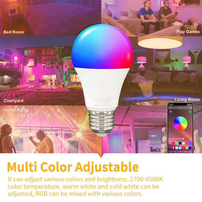 15w tuya smart pære wifi  e27 rgb+hvidt led lys lampe dæmpbare magiske pærer smartlife app stemmestyring via google home alexa