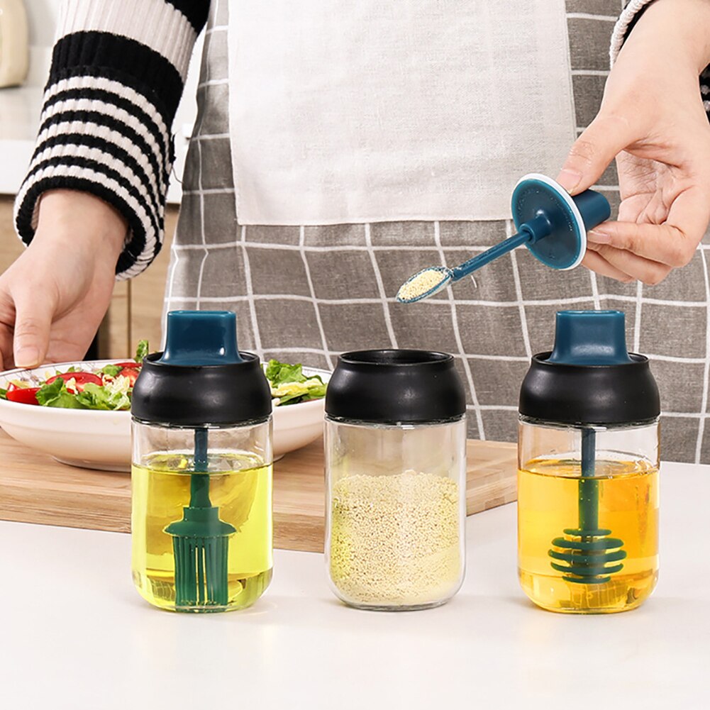 3Pcs Keuken Kruiden Flessen Glas Specerij Opslag Containers Kruiderij Pot Kruidkruik Met Lepel Honing Pot Olie Borstel Fles