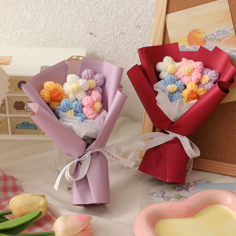 Mini buquê de flores de tricô feito à mão, buquê de flores de crochê com acabamento, caixa de presente para festa de casamento, acompanha buquê pequeno