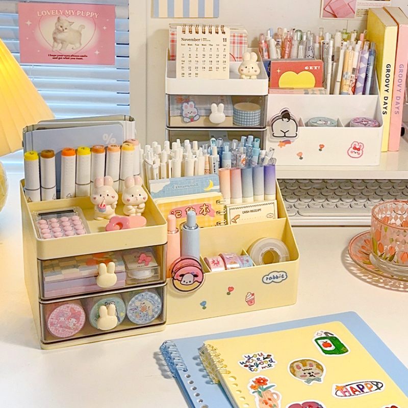 Organizador multifuncional de portalápices Kawaii, caja de almacenamiento de lápices de papelería de escritorio, cajón de escritorio, caja de almacenamiento multicapa Ins bonita