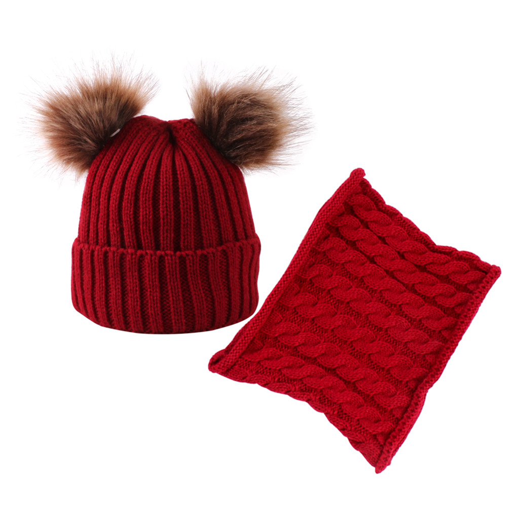 Vinter varm unisex solid två stycken stickad keps för barn med två päls boll halsduk vintermössa för jul: Röd