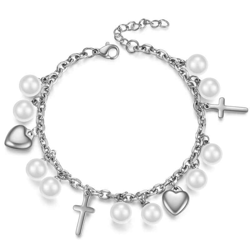 Modyle Black Silver Color Stainless Steel Heart Cross Wedding Bracelet for Woman Round Simulated Pearl Jewelry: 83722