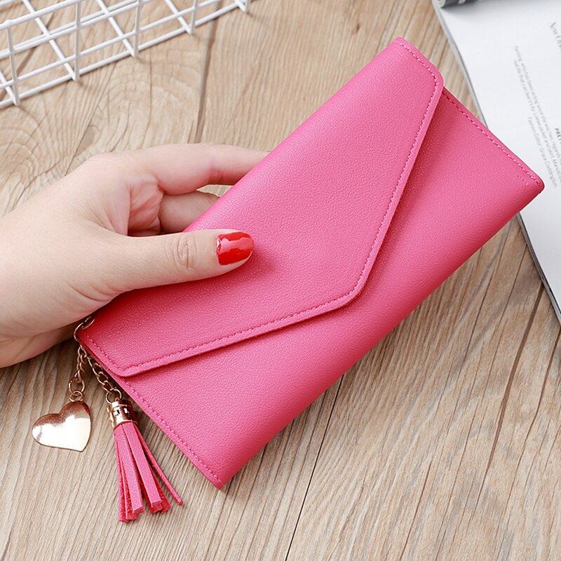 Brand Long Handbag Practical women's Coin Purse Ladies Tassel Buckle Wallet Business Card Holder: rose red