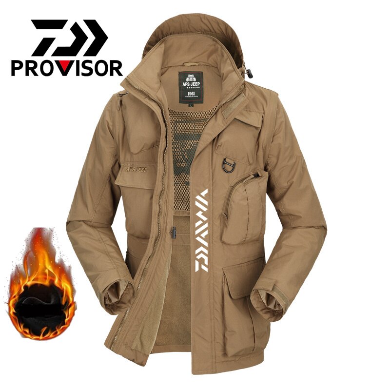 DAIWA Waterproof Fishing Clothes Removable Sleeves Vest Fishing Shirt Multi-pocket Winter Fishing Jacket Clothing Hiking suit: L / Khaki