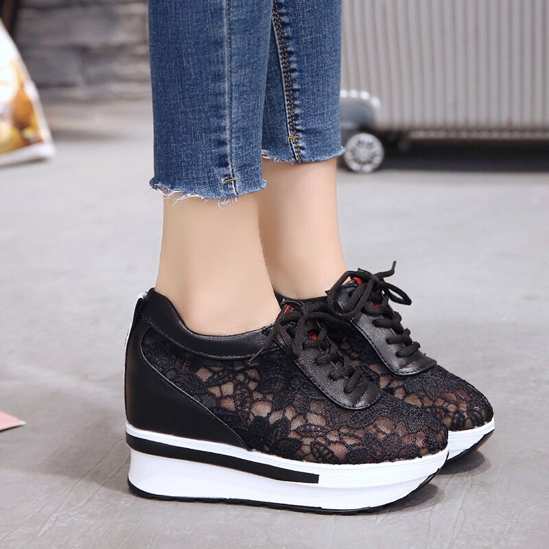 Summer Lace Breathable Sneakers Women Shoes Comfortable Casual Woman Platform Wedge Shoes lace up Muffin bottom shoes