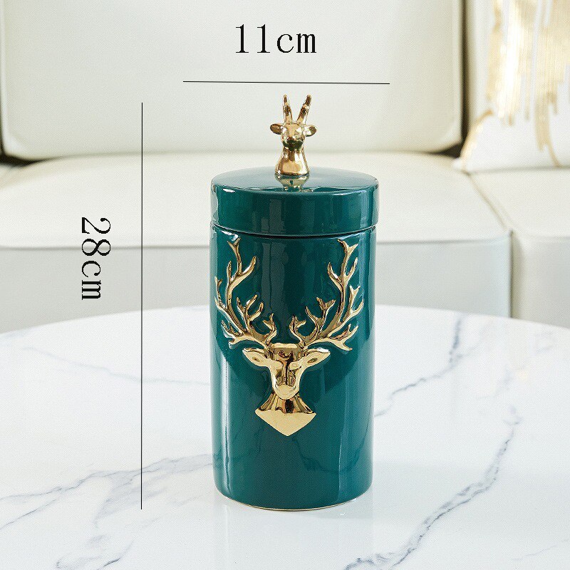 European-style Ceramic Deer Head Storage Jar Green Golden Deer Decoration Household Candy Jar Kitchen Storage Container: large
