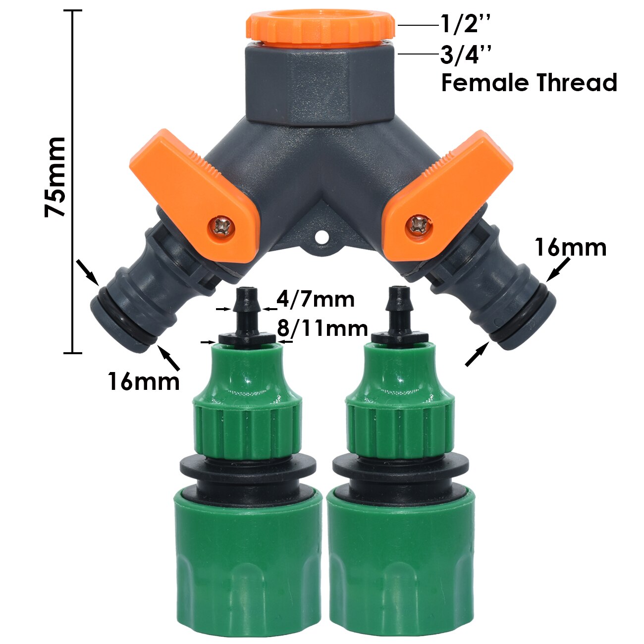 KESLA Garden Sprinkler Hose Connector Y Splitter 2-Way Valve Adapter Quick Connector 3/4''&16mm&4/7mm Quick Connector Fittings