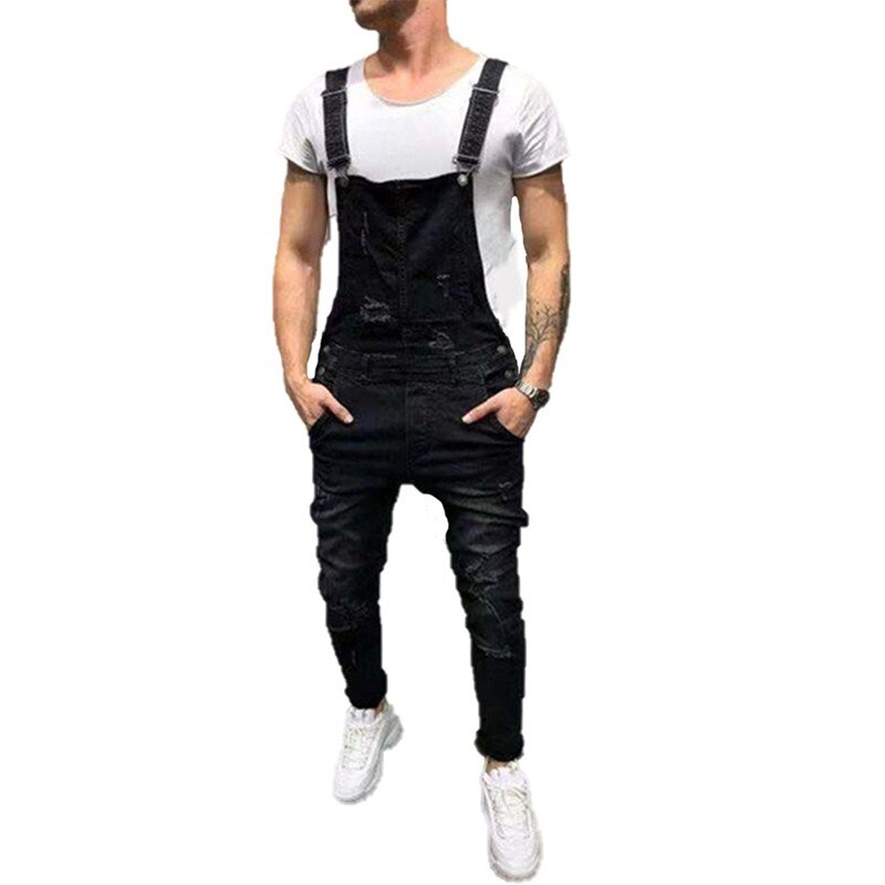 Men's British Style Denim Bib Pants Full Length Jeans Jumpsuits Hip Hop Ripped Jeans Overalls for Men Streetwear: Black / S