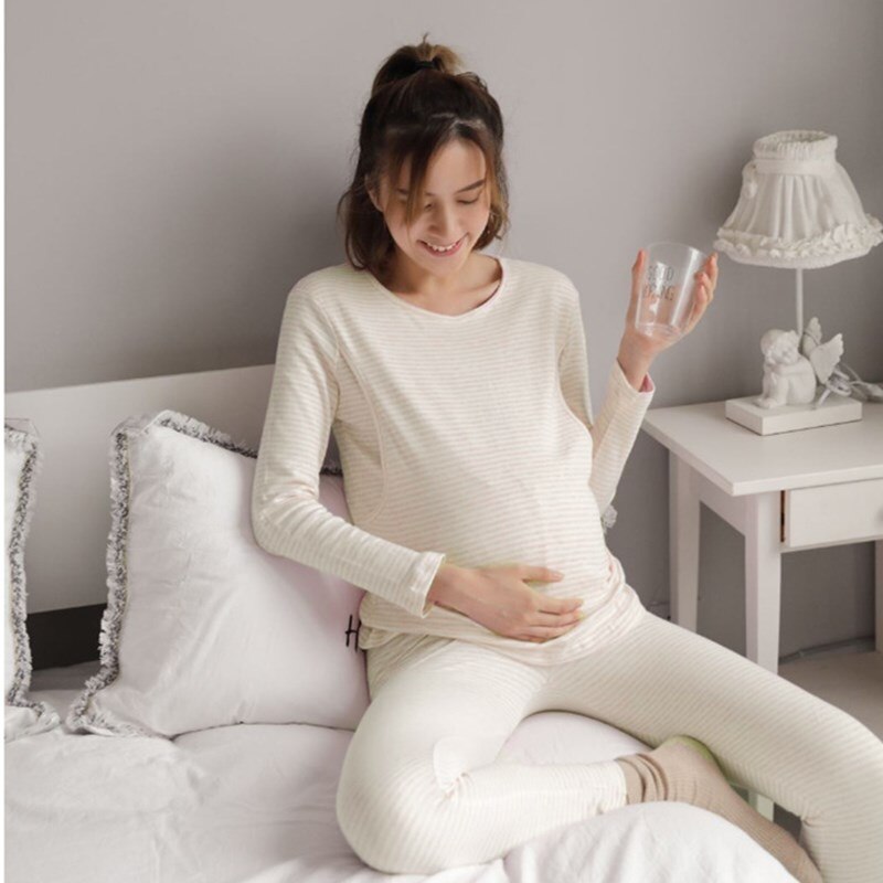 Costume de maternité 100% coton à manches longues, pantalon ample, vêtements d&#39;allaitement, pyjama d&#39;hiver doux et , post-partum