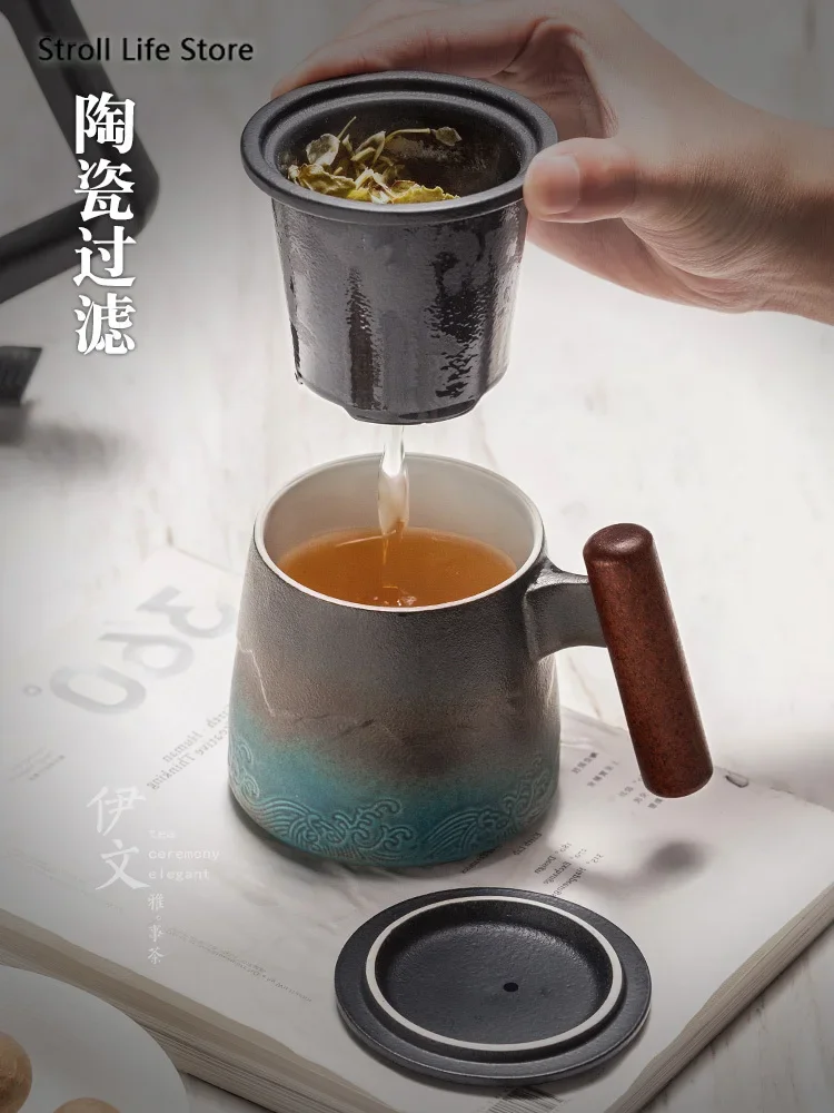 Keramisk retro kaffekopp kontor vannkopp filter tekopp med deksel kopper og krus trehåndtak caneca bursdagsboks  cm061