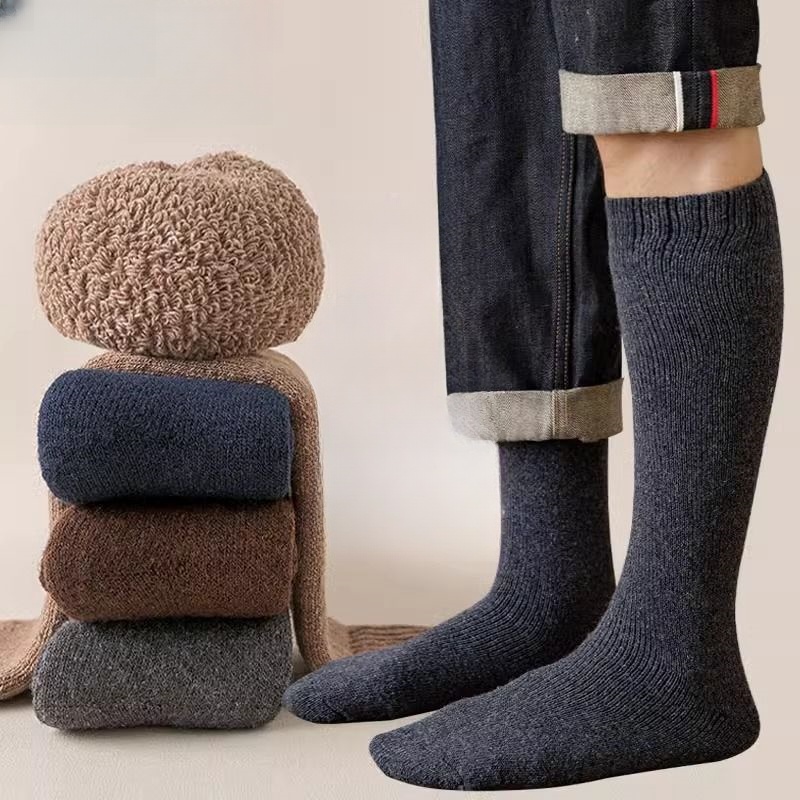 3 pares de calcetines de lana gruesos y cálidos hasta la rodilla para hombre, calcetines de pantorrilla Merino para hombre, calcetines informales de felpa de Cachemira, medias de para hombre