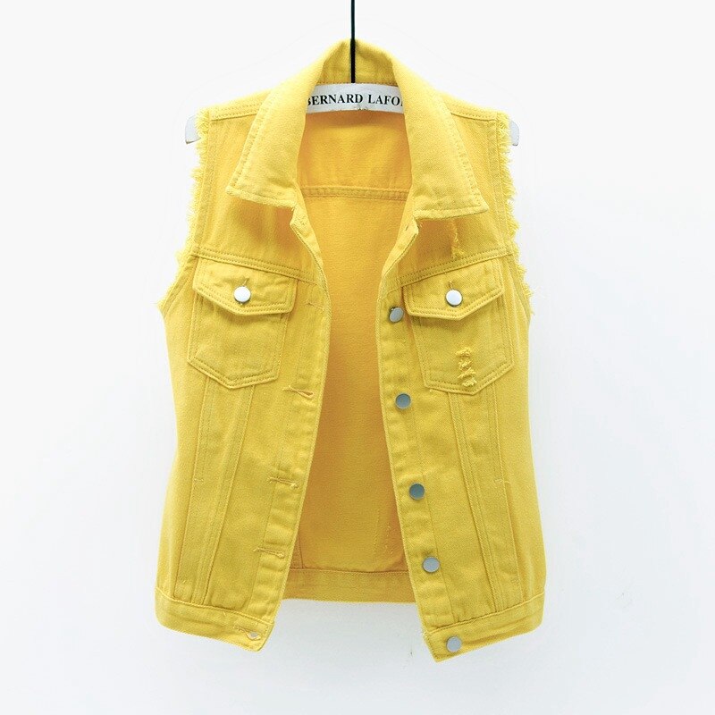 Lila ärmellose Jeansjacke Damen Sommermode einreihige Jeansweste Mantel Vintage passende Jeanswesten Indie Weste: L / YELLOW