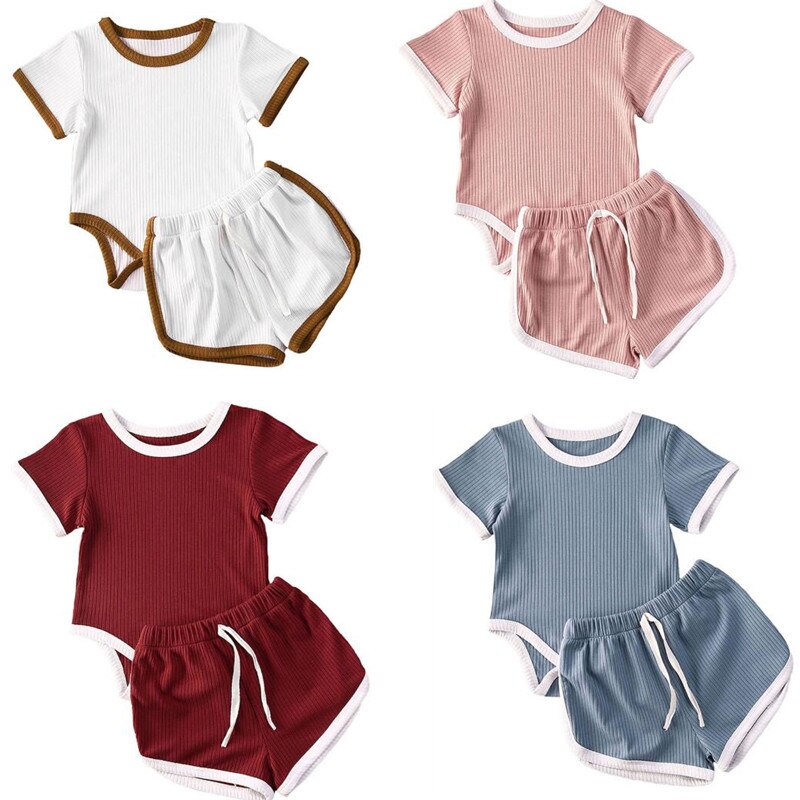 0-24m peuter baby meisjes jongens sport set effen korte mouwen romper tops + shorts 2 stuks