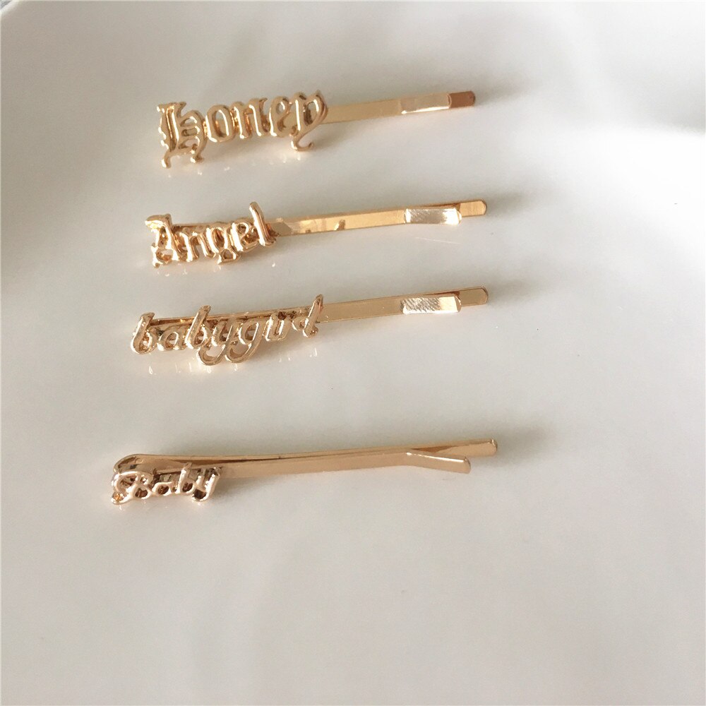 Gold color plating old English font Babygirl Angel Honey Babyletter hair pin for girl women Hair Clip Barrette Hair Accessories