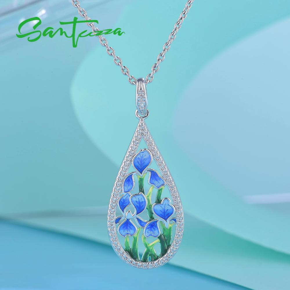 SANTUZZA Silver Flower Pendant For Women 925 Sterling Silver HANDMADE Enamel Blue Petal Pendant Fit For Necklace Jewelry