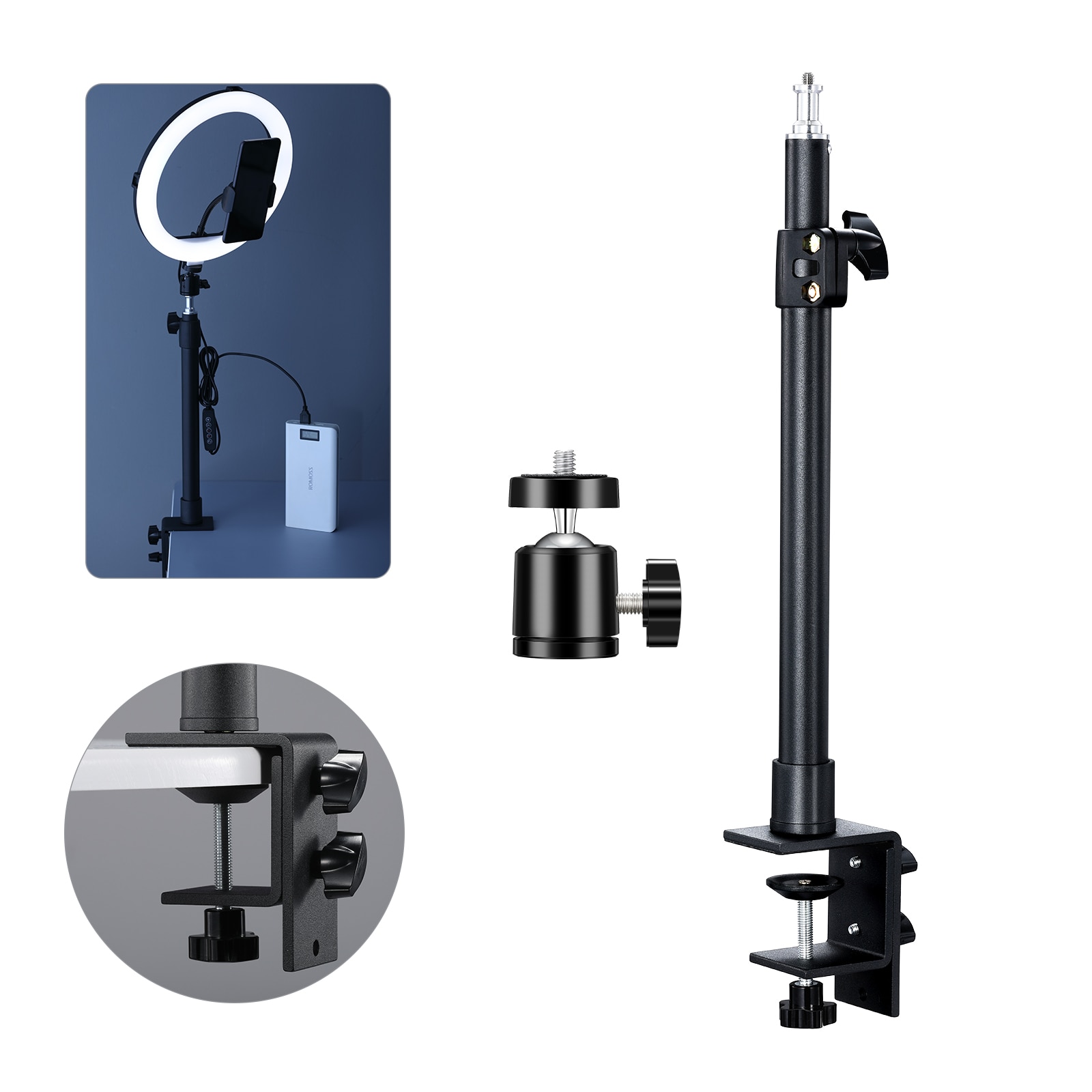 Desktop C-clamp Light Stand with 360 Rotatable Ball Head 1/4 inch Screw, Adjustable Aluminum Holder for Ring Light Camera Video