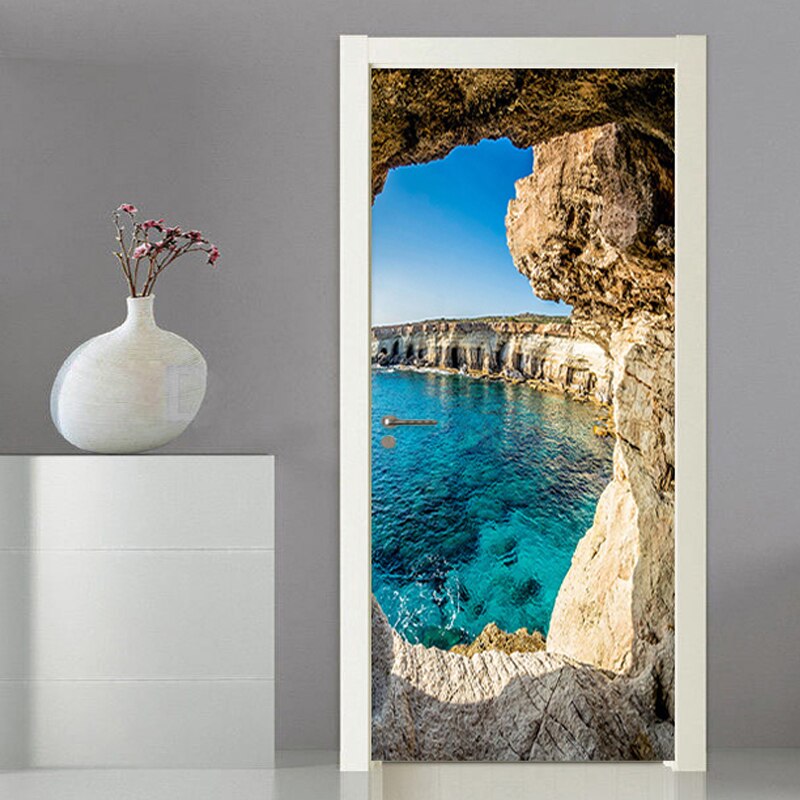 PVC Deur Plakken 3D Stereo Cave Zeegezicht Landschap Deur Sticker Woonkamer Slaapkamer Home Decor Muursticker Moderne DIY Muur papers