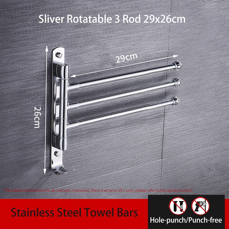 Rotatable Rod Towel Hanger Bar Punch-Free Stainless Steel Wall Shower Hanging Movable Holder Rack Bathroom Accessories 00TB0302: 3 Pole Short 29cm