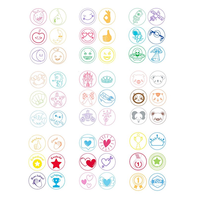 MP® Juego de Sellos de goma para Niños Infantiles Profesor Juguetes Estampar Dibujos Animalitos Frutas Sonrisa Corazon Estrellas Premios de Recompensa 10 Series de Diseños 6 Uds