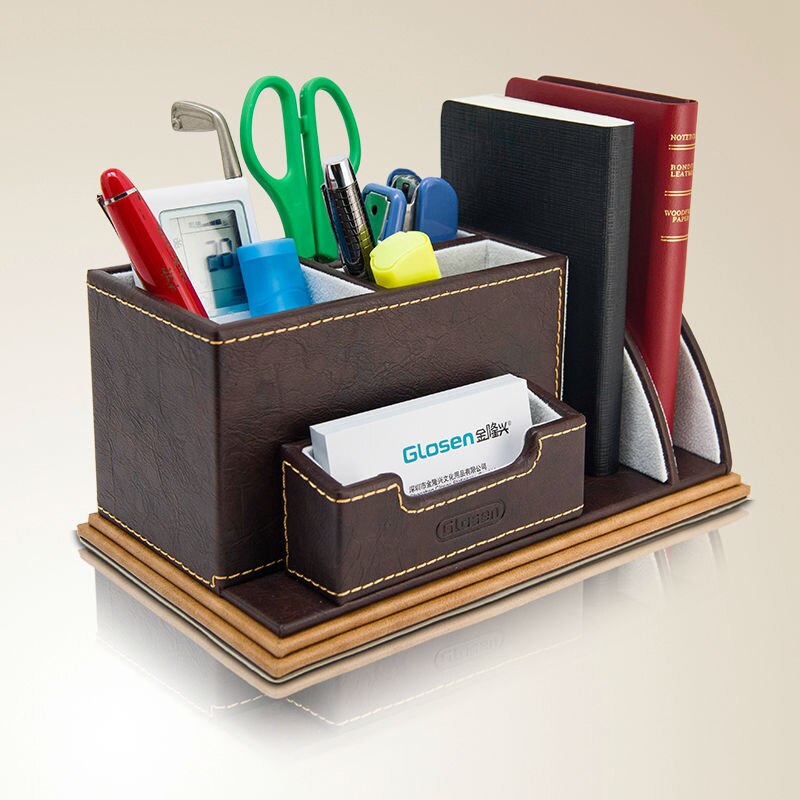 Multifunctionele houten lederen afstandsbediening pen houder leuke etui desktop cosmetische briefpapier organisator bureau set