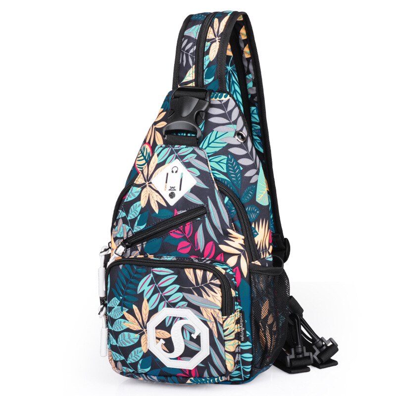 Bolso cruzado de doble uso para mujer, bandolera antirrobo para el pecho, escolar, de viaje, para verano: Blue leaves