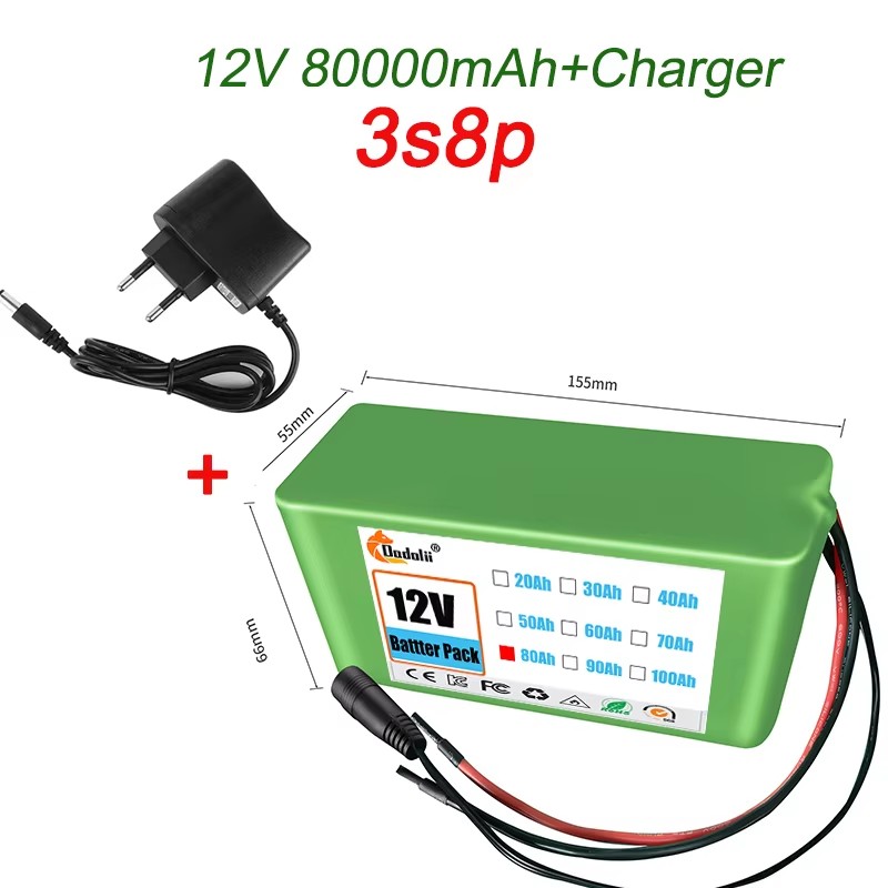 12V 50000mAh Lithium Battery Pack 18650 Rechargeable Battery With BMS Charger 3S5P For Fishing Bicycle Large Capacity Batteries: Pink